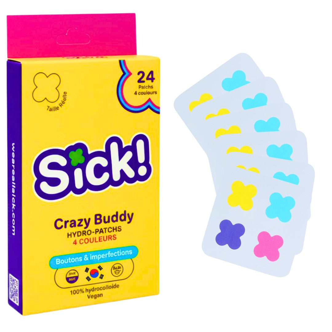 Patch anti bouton Crazy Buddy 4 couleurs taille 12mm - Soin acné coloré et fun en forme de trèfle