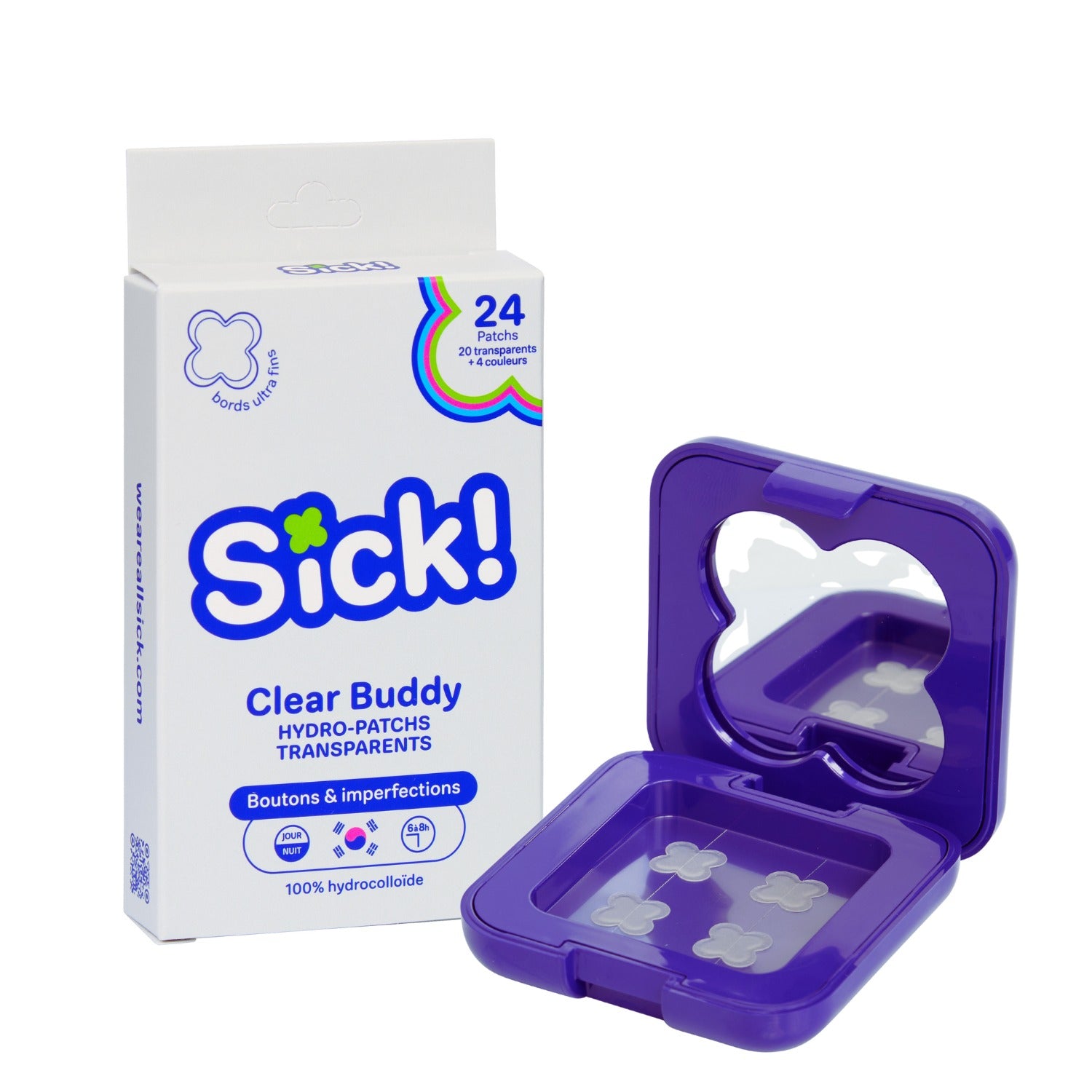 Patch anti boutons transparent (x24) Clear buddy Sick! et sa boîte de rangement avec miroir intégré