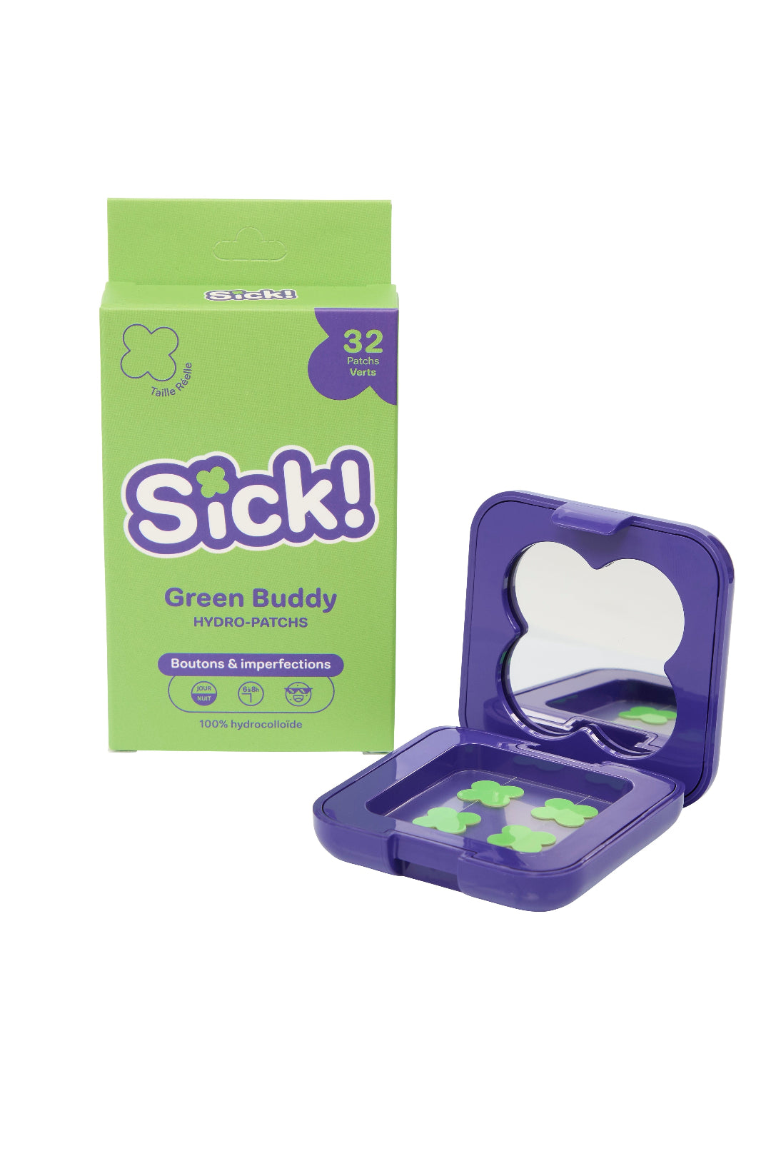 Kit patchs anti boutons Vert Sick patch + boite nomade avec miroir intégré