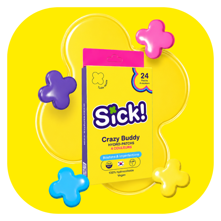 Patch anti bouton Crazy Buddy 4 couleurs taille 12mm - Soin acné coloré et fun en forme de trèfle